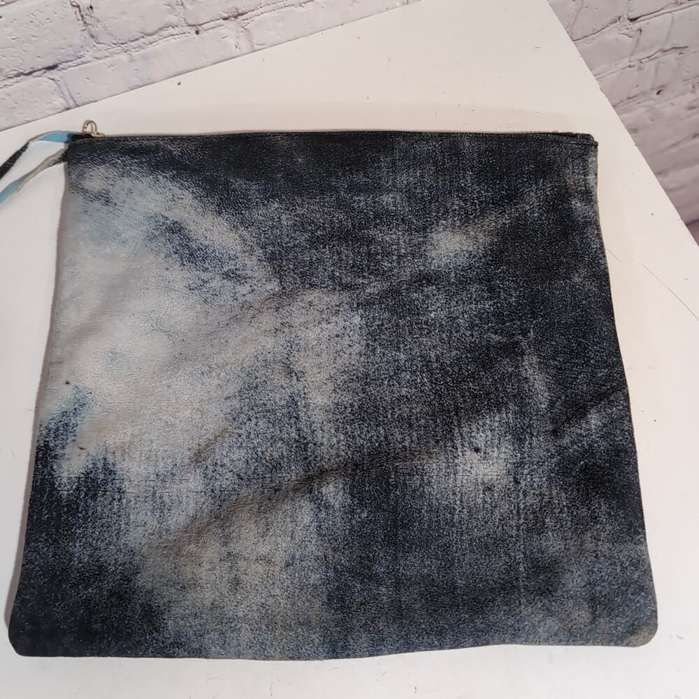 Oliveve Calf Leather Suede Zip Pouch Clutch Bag 11" X 11" Handmade USA Blue